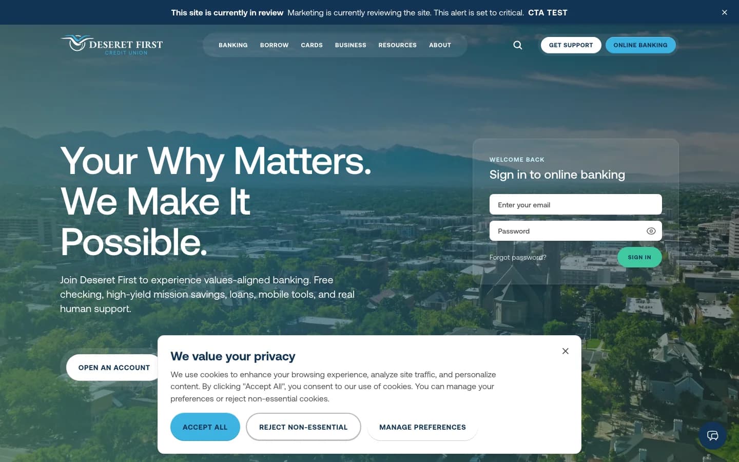 Deseret First Credit Union homepage, Your Why Matters