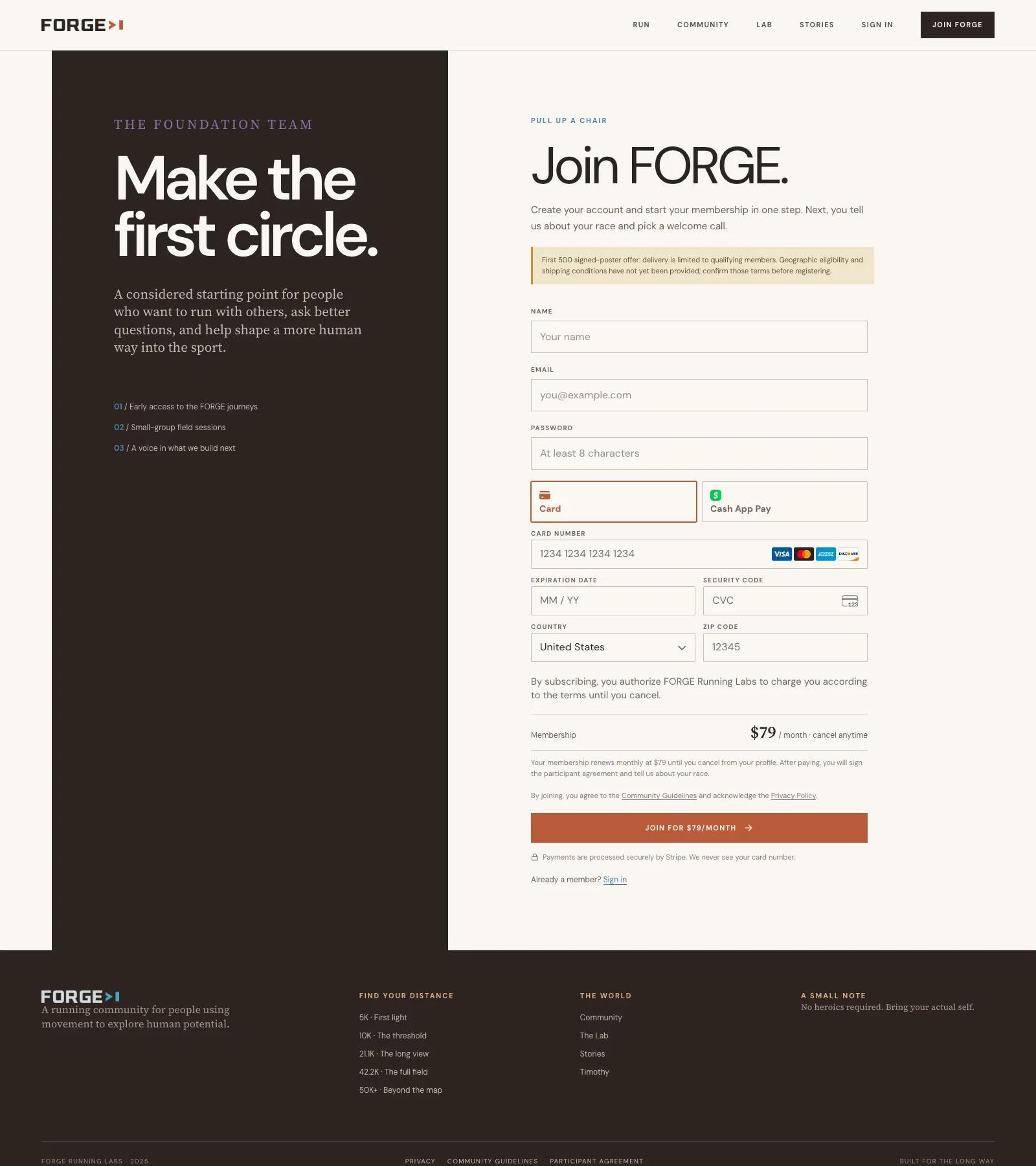 FORGE Running Labs join page with account fields and the $79 per month membership checkout