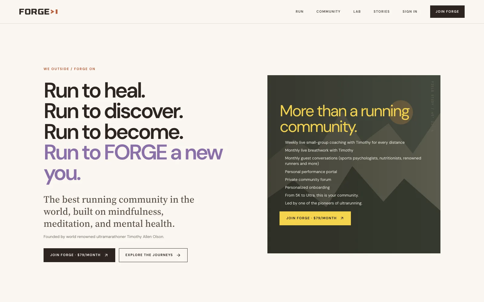 FORGE Running Labs homepage: Run to heal. Run to discover. Run to become.
