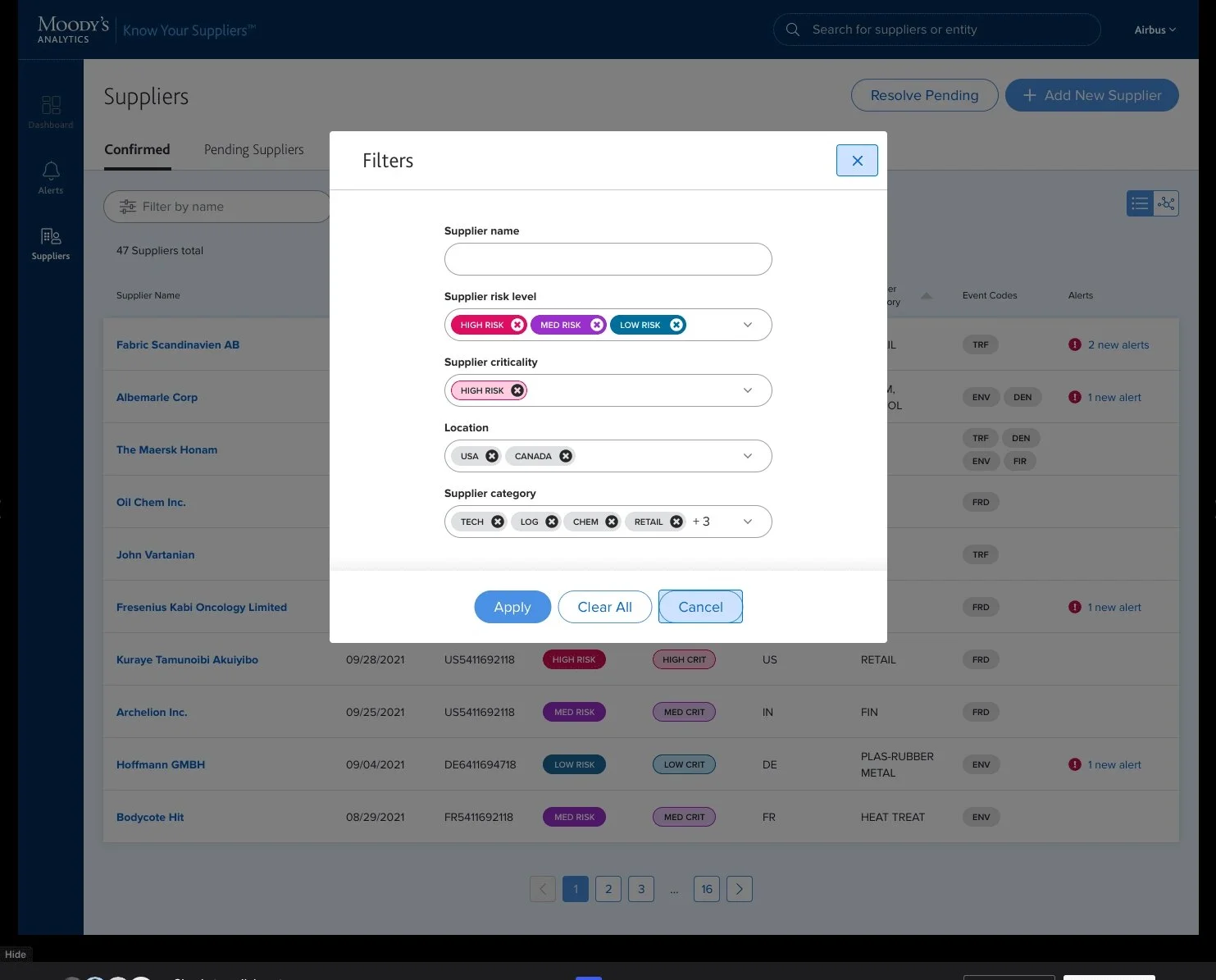 Filtering suppliers by risk, criticality, and category