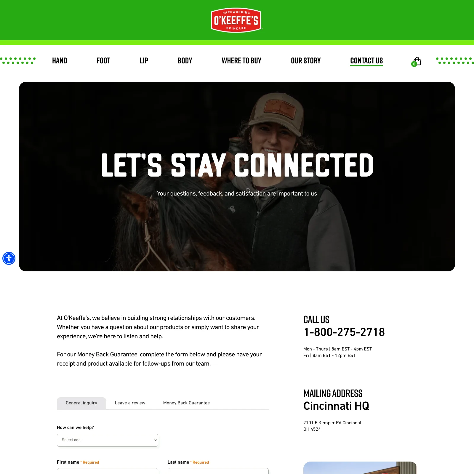 O’Keeffe’s contact page with the Image Hero and Contact Sidebar components