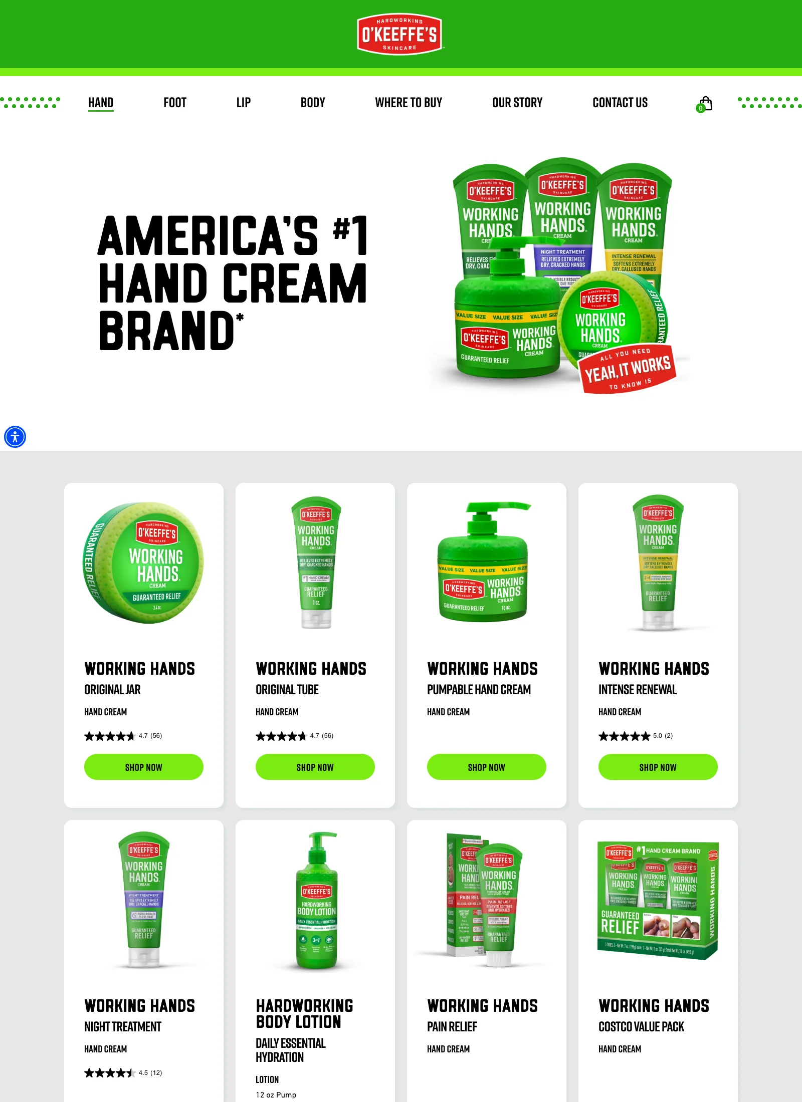 O’Keeffe’s hand care range page with a product grid