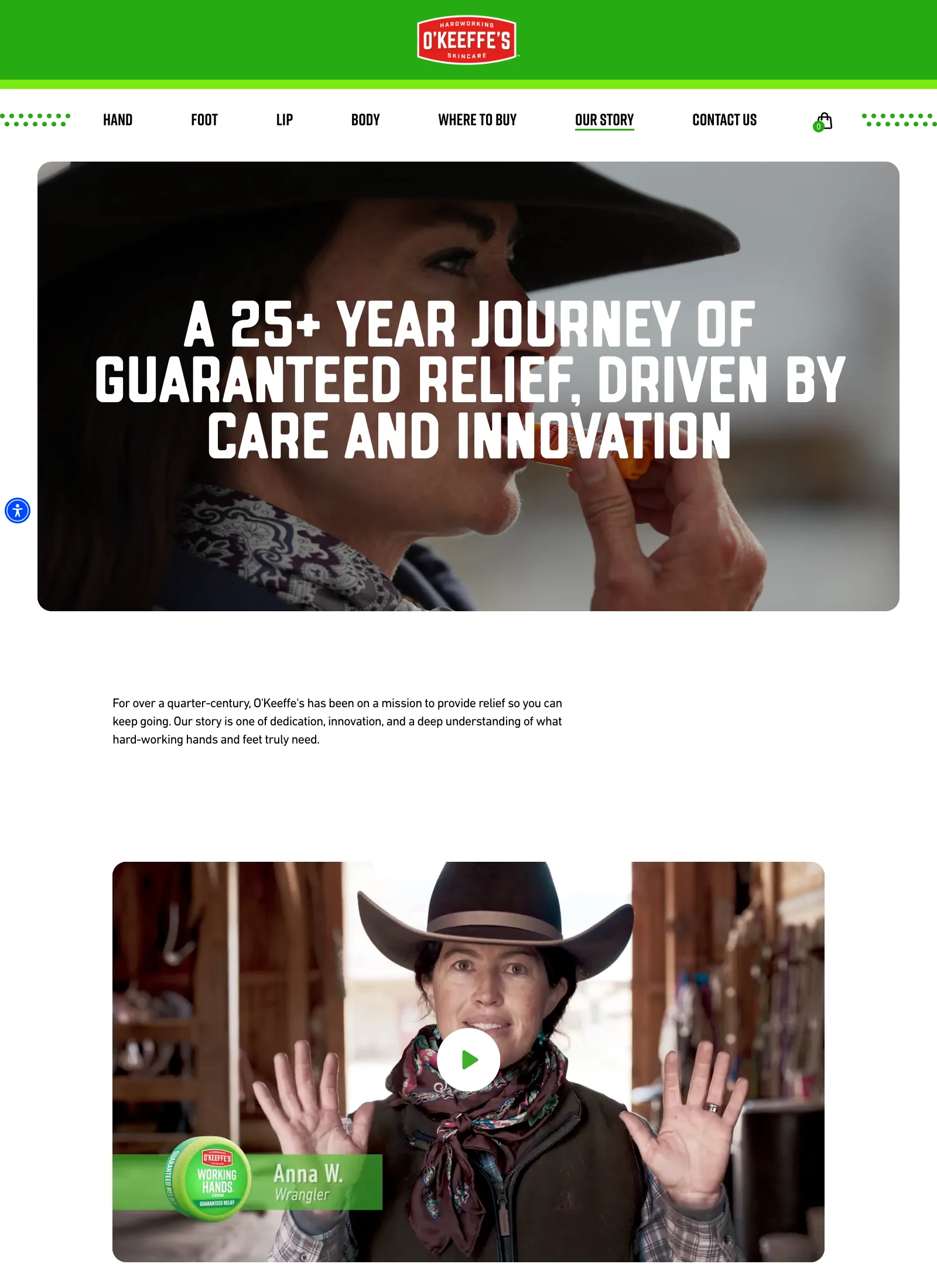 O’Keeffe’s Our Story page with the Image Hero component