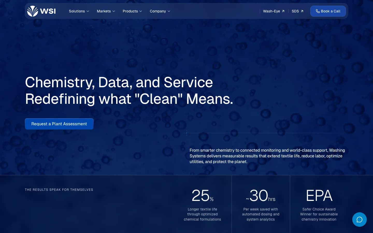 Washing Systems homepage hero, Chemistry, Data, and Service